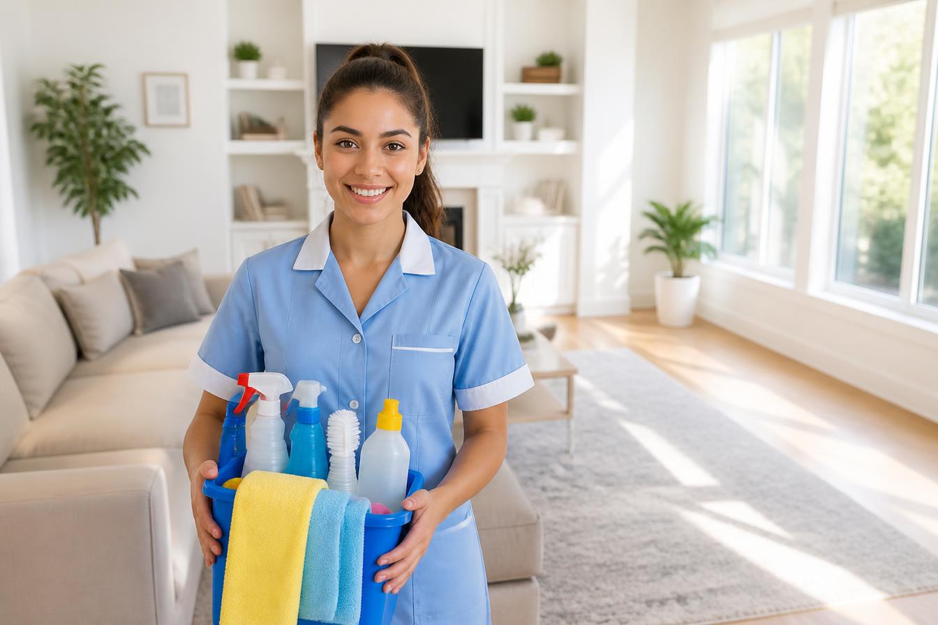 Professional cleaner from Ola Cleaning Services holding supplies in a bright, tidy home