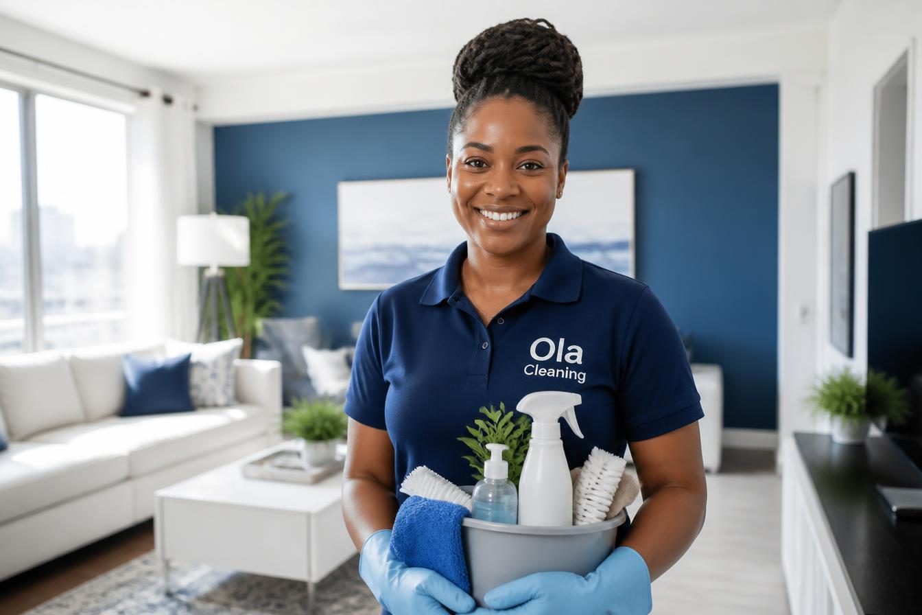 Professional cleaner from Ola Cleaning Services holding supplies in a bright, tidy home